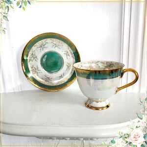Tea Cup and Saucer Teal Green with Gold Flower  Design Luster Finish